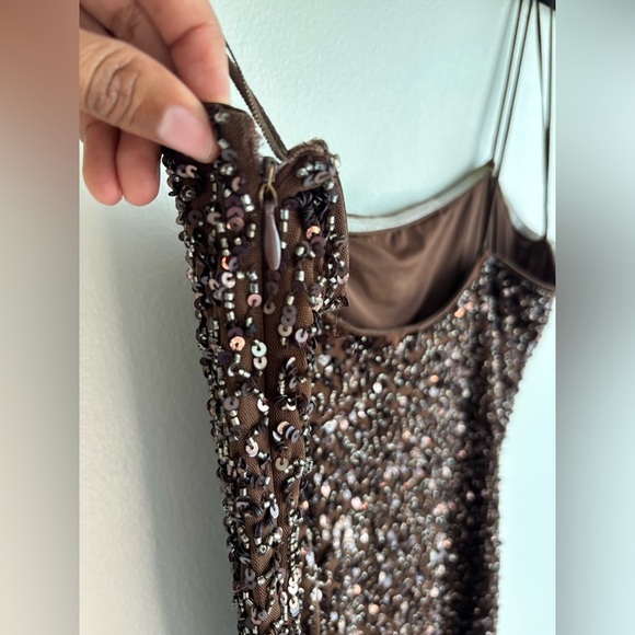 Retrofête Brown Sequin Spaghetti Strap Mini Dress Size L Side Zipper Fully Lined - Picture 12 of 13